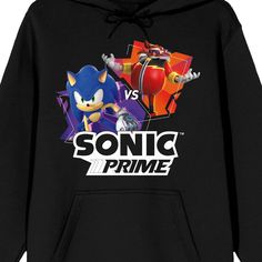 Celebrate your favorite animated series in style with this Sonic Prime sweatshirt. The hoodie features an image of Sonic and Dr. Eggman while a white "vs" appears between the characters. Black letters below the image spell out the series logo. The sweatshirt comes in black and is equipped with an adjustable hood and a large pouch pocket. Sonic Prime fans will love this comfy and cozy hoodie. Pop Culture Hooded Sweatshirt With Character Print, Long Sleeve Hoodie With Character Print For Fans, Character Print Long Sleeve Hoodie For Fan Merchandise, Character Print Long Sleeve Hoodie For Fans, Character Print Long Sleeve Hoodie, Pop Culture Hooded Sweatshirt Fan Merchandise, Sporty Hoodie Sweatshirt With Character Print, Character Print Hoodie For Fan Merchandise, Character Print Fan Merchandise Hoodie