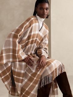 ​​﻿﻿﻿﻿﻿​Bayo Wool Poncho | Banana Republic Ethereal Sketch, Plaid Poncho, Wool Poncho, Light Tan, Curator Style, Ponchos, Fall Fashion, Womens Scarves, Banana Republic