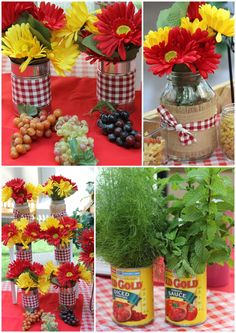 several pictures of flowers and fruits in jars on a table with gingham checkered cloth