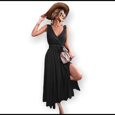 New Maxi Dress Black V-neck Sleeveless Sundress, Black Sleeveless Midi Dress For Vacation, Black Sleeveless Midi Summer Dress, Black Sleeveless Midi Dress For Summer, Black Midi Sleeveless Summer Dress, Black Midi Length Sleeveless Summer Dress, Black V-neck Sundress Sleeveless, Black Sleeveless Summer Dress, Black Sleeveless Summer Dress For Party