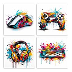 four different pictures with colorful paint splatters on them, including a keyboard and headphones