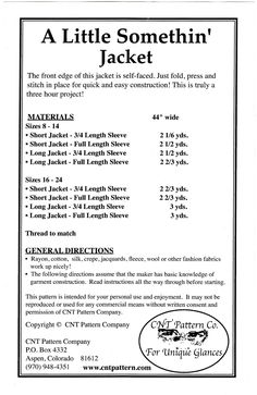 a flyer for a little something jacket with instructions on how to put it in place