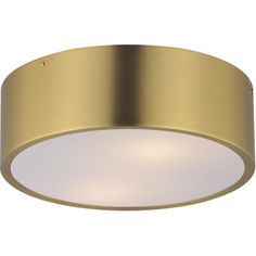 a round light fixture with a gold finish and frosted glass diffuses on the bottom