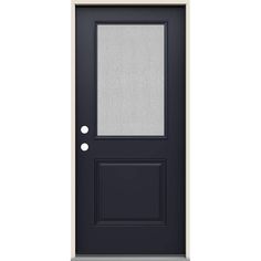 a black door with two white dots on the side and one light brown frame is shown