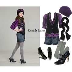 an image of a woman in purple and black outfit with accessories including shoes, scarf, hat