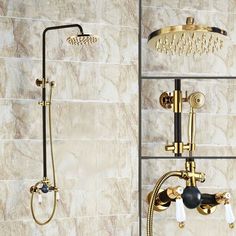 two shower faucets with gold fixtures in a tiled wall - to - ceiling bathroom