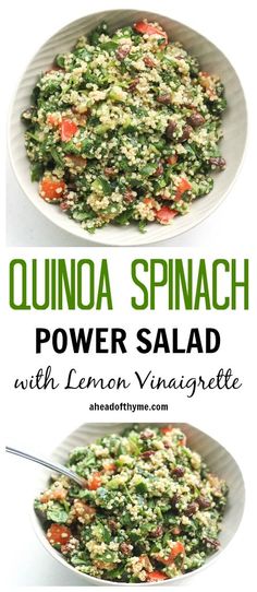 quinoa spinach power salad with lemon vinagrete in two bowls