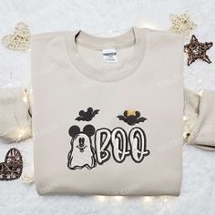 Mickey Mouse Boo Spooky Embroidered Sweatshirt, Disney Halloween Embroidered T-shirt, Best Halloween Gift Ideas Fall Crew Neck T-shirt For Disney Fan Events, White Disney Sweatshirt For Fall, Fall Mickey Mouse Crew Neck T-shirt, Disney Letter Print T-shirt For Fall, White Letter Print Sweatshirt For Disney Fan Events, White Letter Print Sweatshirt For Disney Events, Halloween Mickey Mouse Crew Neck Top, Cotton Mickey Mouse T-shirt For Fall, White Disney Character Print Sweatshirt For Fan Events