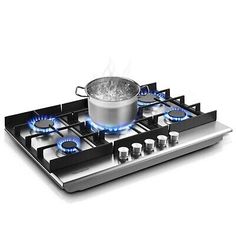 a stove top with a pot on it and blue flames coming out of the burners