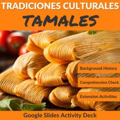 some food that is stacked on top of each other with the words tamales below it