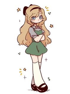 a cartoon girl with long hair and blue eyes wearing a green dress, standing in front of stars