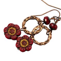 Hammered Copper Red Flower Earrings - Handmade Jewelry - Czech Glass Flowers - Dark Red Earrings - Gift for Her - Best Seller - Trending Now by JezaJewelry on Etsy Flower Beaded Earrings, Dark Red Earrings, Czech Beads Jewelry, Red Flower Earrings, Czech Glass Jewelry, Bead Flower, Reno Nv, Handmade Earrings Beaded, Earrings Inspiration