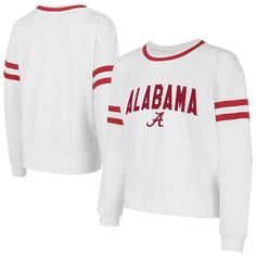 Embrace ultimate comfort while repping your Alabama Crimson Tide pride with the Concepts Sport Borough French Terry Arch Over Long Sleeve T-Shirt. This stylish top features a team wordmark applique graphic on the chest, letting everyone know which team you're rooting for. Sewn-on stripes add a touch of sporty detail to the sleeves, making it perfect for game day or any casual occasion. Collegiate White Sweatshirt For Loungewear, White Tops With Team Spirit For Fall, White Tops For Fall With Team Spirit Style, Fall Crew Neck Tops For Sports Events, White Relaxed Fit Top For Game Day, Collegiate Long Sleeve Tops For Sports Events, White Tops For College With Team Spirit Style, Athleisure Tops With Letter Print For College, Athleisure Top With Letter Print