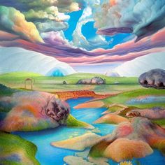 a painting of clouds over a river and mountains