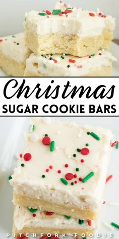 christmas sugar cookie bars with white frosting and sprinkles