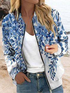 Shop Affordable  Women Floral Casual Wrap Daily Spring/Fall Jackets On Justfashionnow.com Denim Short Jumpsuit, Fall Outerwear, Loose Jacket, Types Of Coats, Two Piece Jumpsuit, Types Of Jackets, Maxi Dress Green, Zipper Jacket, Fall Jackets