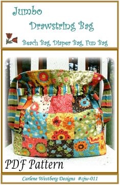 a bag made out of patchwork fabric with the words jumbo drawstring bag