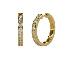 "These gorgeous 14k diamond hoop earrings are great for every day wear or out on the town. A great gift for yourself or a loved one. ** Purchase a single hoop for 1/2 the price M A T E R I A L & L E N G T H Available in 14k Yellow Gold, 14k Rose Gold, 14k White Gold Measurements: 1/2\" Width: 2 mm Stone: 22 Diamond Carat Weight: 0.22 ct. t.w. Color: G Quality: SI-VS Additional Notes: * Non-Conflict Diamonds * Made in the USA C U R R E N T ∙ T U R N A R O U N D Processing Time: 5-7 business d Diamond Huggie Earrings, Bridal Gift, Gift Graduation, Diamond Carat, Diamond Hoop Earrings, Huggie Earrings, Channel Set, Bridal Gifts, Gift Wedding