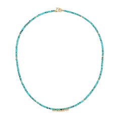 Feel the island vibes with the Endless Summer Necklace - Turqs + Caicos! This playful piece combines turquoise stones with gold fill beads and dangles, inspired by the laid-back luxury of the Turks and Caicos islands. Each piece is handmade in sunny Los Angeles, adding a touch of California cool to your look. One-of-a-kind with natural bead variations, these necklaces also come with a removable 2-inch extender, letting you style them your way. In stock necklaces will ship within 3 business days Bohemian Turquoise Beaded Necklace With Letter Beads, Gold Heishi Beads Jewelry For Vacation, Turquoise Bohemian Jewelry With Letter Beads, Gold Necklaces With Letter Beads For Festivals, Turquoise Heishi Beads Jewelry For Vacation, Turquoise Necklace With Tiny Beads For Vacation, Turquoise Necklaces With Tiny Beads For Vacation, Gold Beaded Turquoise Necklace For Beach, Gold Turquoise Necklace With Round Beads For Beach