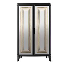 a black and gold armoire with mirrored doors