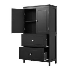 a tall black cabinet with two drawers and one door open to reveal the bottom drawer