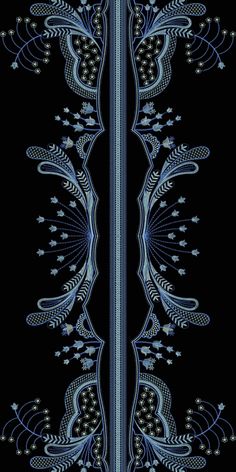 a black background with blue and white designs on the side, including an ornate design