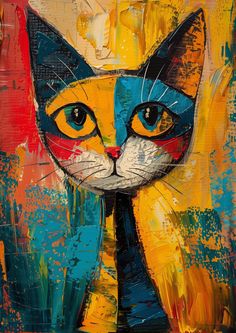 a painting of a cat with blue, yellow and red colors on it's face