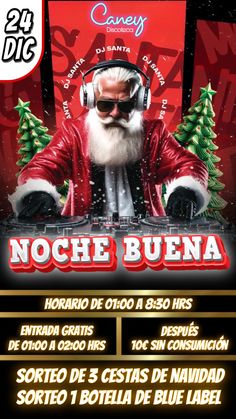 a flyer for a christmas party with santa claus in headphones and dj's