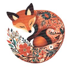 a drawing of a fox sleeping in a flowery circle