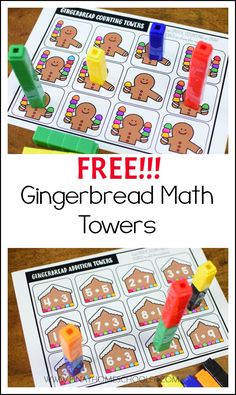 gingerbread math towers with the words free on it and two pictures of gingerbreads