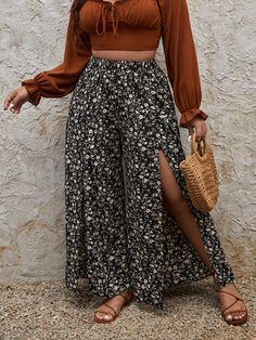 Multicolor Boho Collar  Woven Fabric Ditsy Floral Wide Leg Embellished Non-Stretch  Women Plus Clothing Boho Outfit Plus Size Women, 2023 Summer Fashion Trends Plus Size, Plus Size Bottoms, Boho Sheek Outfits, Boho Curvy Outfit, Curvy Bohemian Style, Bohemian Outfits Plus Size, No Hips Body Shape Outfits, Curvy Boho Outfits