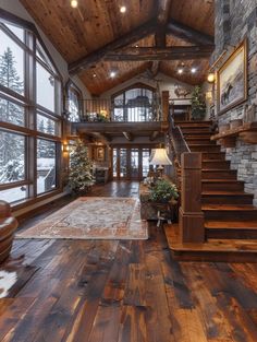 the inside of a large house with wood floors and stone walls, windows, and stairs