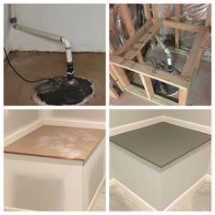 four different views of the same room with various tools and materials in it, including flooring