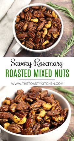 rosemary roasted mixed nuts in a white bowl