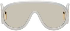 Shield-style glittered nylon-frame sunglasses in white. · Mirrored gray lens · 100% UVA/UVB protection · Integrated nose pads · Logo hardware at temples · Includes pouch · Size: 145 Part of the Loewe Paula’s Ibiza capsule collection. Supplier color: White holographic White Polycarbonate Shield Sunglasses With Uv Protection, White Polarized Shield Sunglasses, White Shield Sunglasses With Tinted Lenses, White Polarized Shield Sunglasses With Polycarbonate Frame, White Polycarbonate Shield Sunglasses With Tinted Lenses, White Polycarbonate Shield Sunglasses With Mirrored Lenses, White Polycarbonate Shield Sunglasses With Polarized Lenses, White Polycarbonate Shield Sunglasses For Summer, White Polycarbonate Sunglasses For Summer