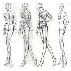 three sketches of female mannequins in various poses, each with their own body shape