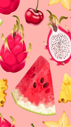 a pink background with various fruits and berries on it's sides, including watermelon