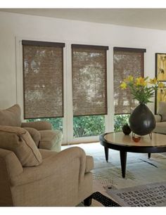 a living room filled with furniture and windows covered in shades of brown blind coverings