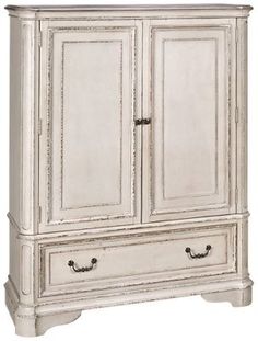 an antique white armoire with two drawers and one door on the bottom, is shown