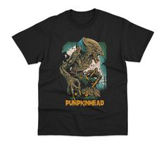 a black t - shirt with an image of a creature on the front and words pumpkinhead