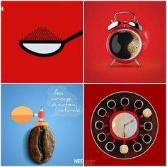 four different pictures with an alarm clock, coffee cup, and other things on them