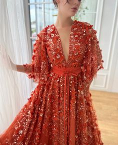 Vivid Amber Ball Gown | Teuta Matoshi Orange Ball Gown, Celestial Dress, Glamorous Gowns, Teuta Matoshi, Fall Ball, Evening Gala, Dream Dresses, Bow Belt, Closet Fashion