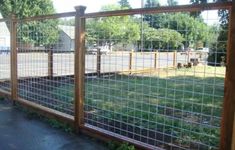 the fence is made of metal wire and has wood posts on each side, along with green grass