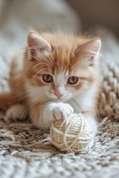 an orange and white kitten playing with a ball of yarn