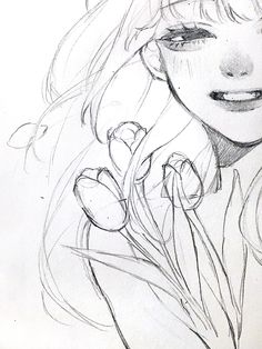 a pencil drawing of a woman with flowers in her hair and an open smile on her face