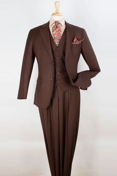 Mens 2 Button Pleated Pant Classic Fit Vested Suit in Brown Brown Three-piece Suit With Notch Lapel For Business, Brown Three-piece Notch Lapel Suit For Business, Tailored Brown Three-piece Suit With Notch Lapel, Brown Double Breasted Suit With Notch Lapel, Brown Single Breasted Suit With Suit Collar, Classic Brown Three-piece Suit For Business, Brown Single-breasted Suit For Semi-formal Occasions, Fitted Single Breasted Three-piece Suit With Notch Lapel, Classic Brown Three-piece Business Suit