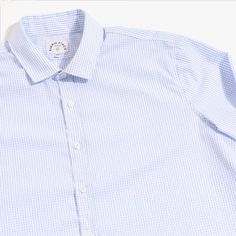 Blue-White Grid Check Easy-Care Dress Shirt | Kirrin Finch Timeless Semi-formal Cotton Dress Shirt, Classic Cotton Dress Shirt With Spread Collar, Classic Short Sleeve Dress Shirt For Business, Classic Short Sleeve Dress Shirt For Semi-formal Events, Semi-formal Cotton Dress Shirt With Spread Collar, Spring Classic Dress Shirt For Business Casual, Classic Spring Dress Shirt For Business Casual, Classic Spring Dress Shirt For Daywear, Classic Cotton Oxford For Formal Occasions