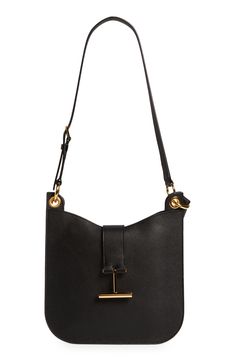 Signature T-shaped hardware brings discreet branding to an iconic Tom Ford top-handle bag crafted of beautifully grained leather. A detachable strap that easily converts for shoulder to crossbody wear offers another carrying option for styling versatility. Magnetic-snap tab closure Adjustable top-carry handle; removable, adjustable shoulder strap Interior zip pocket Lined Leather Made in Italy Designer Handbags Tan Calf Leather Shoulder Bag With Branded Hardware, Timeless Tan Shoulder Bag With Gold-tone Hardware, Everyday Structured Shoulder Bag With Gold-tone Hardware, Structured Shoulder Bag With Gold-tone Hardware For Everyday, Business Shoulder Bag With Metal Hardware In Calf Leather, Calf Leather Shoulder Bag With Branded Hardware For Work, Modern Top Handle Shoulder Bag With Metal Hardware, Structured Bags With Metal Hardware For Everyday Use, Timeless Shoulder Bag In Calf Leather With Metal Hardware