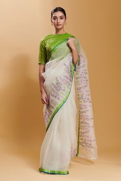 White saree with blooming, field border woven motifs and contrast border. - Aza Fashions Saree Embroidery Patterns, Saree Colours, Cloth Painting, Dress Saree, Saree Ideas, Saree Painting, Sari Design, Clothes Embroidery Diy, Subtle Nails