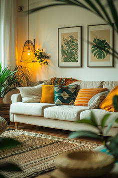 a living room filled with lots of furniture and plants on top of the couches